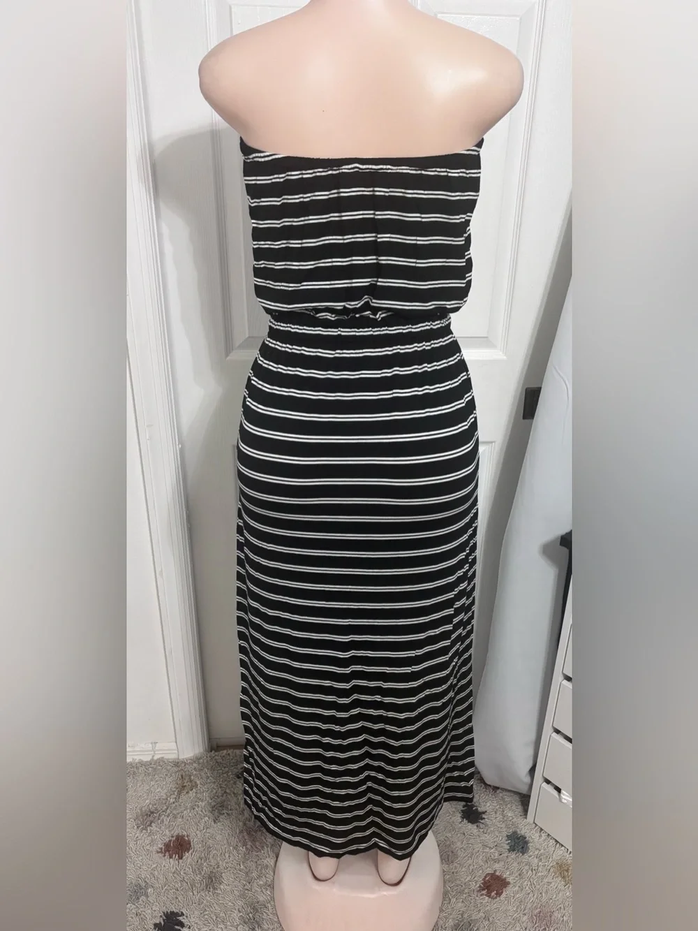 J. Crew Navy and White Strapless Maxi Dress with Slim Tan Belt